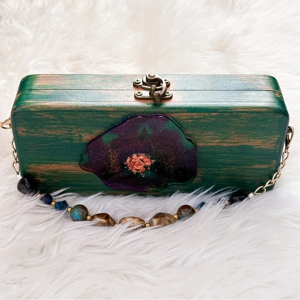 Unique Handcrafted Green and Purple Wooden Clutch